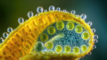 Magnified view of dew drops on a yellow autumn leaf highlighting microstructures and textures in nature's intricate design