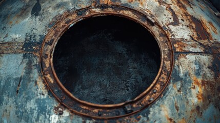 Fototapeta premium Opened rusty manhole on a weathered fuel tank shell, showing intricate details of corrosion and wear, industrial, confined space, maintenance inspection.
