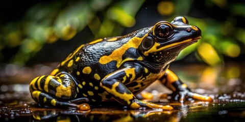 Fototapeta premium Low Light Frog Photography: Black & Yellow Amphibian on Rock, Muddy Habitat, Night Wildlife
