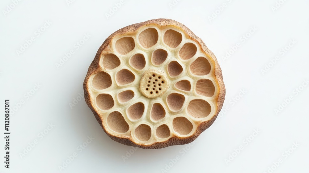 Poster lotus root cross section showcasing unique texture and natural patterns on a clean white background 