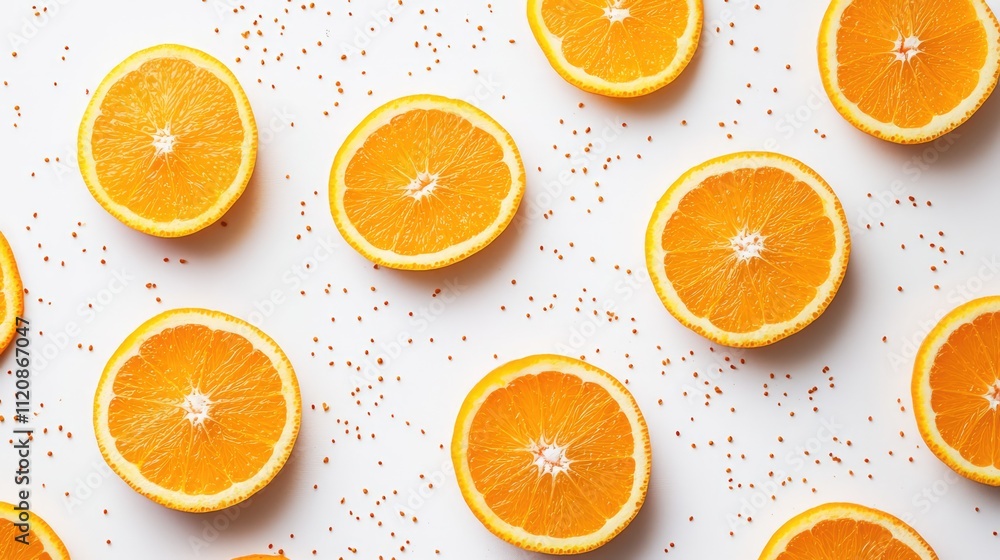 Poster fresh orange slices arranged aesthetically on a clean white background with colorful specks for a vi