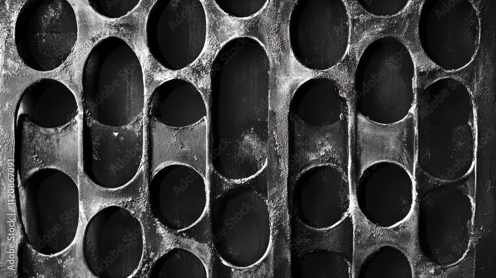 Poster abstract textured metal mesh background with circular cutouts in a dark industrial design. suitable 