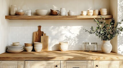 A modern farmhouse kitchen with natural butcher block counters, sleek white subway tile backsplash, rustic shelves showcasing greenery and ceramic dishes, warm wood floors, and diffused sunlight,