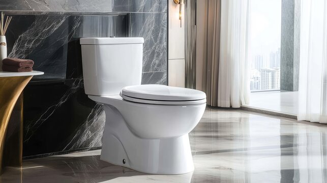 Modern one-piece toilet with powerful and quiet dual flush functionality, featuring a soft-closing seat, set in a stylish bathroom environment with natural light and elegant decor, bathroom, home impr
