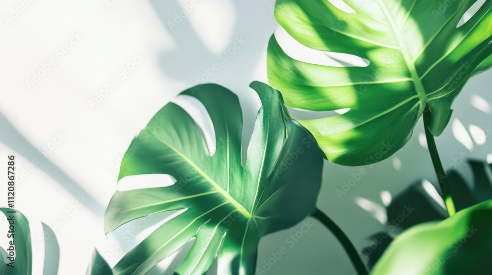 Poster lush green tropical foliage with sunlight creating serene shadows in a minimalist botanical backgrou