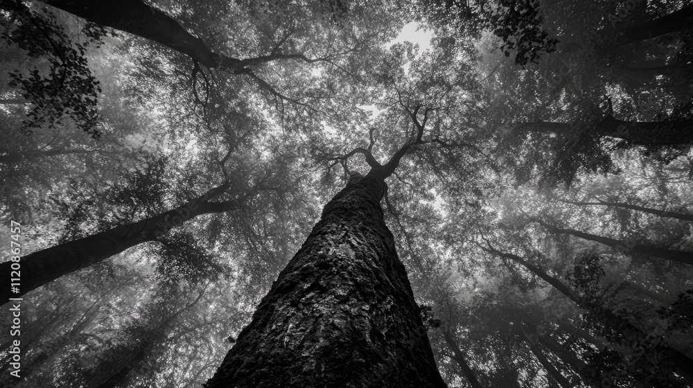 Aufkleber mystical low angle view of towering trees in a foggy forest creating an enchanting and serene atmosp