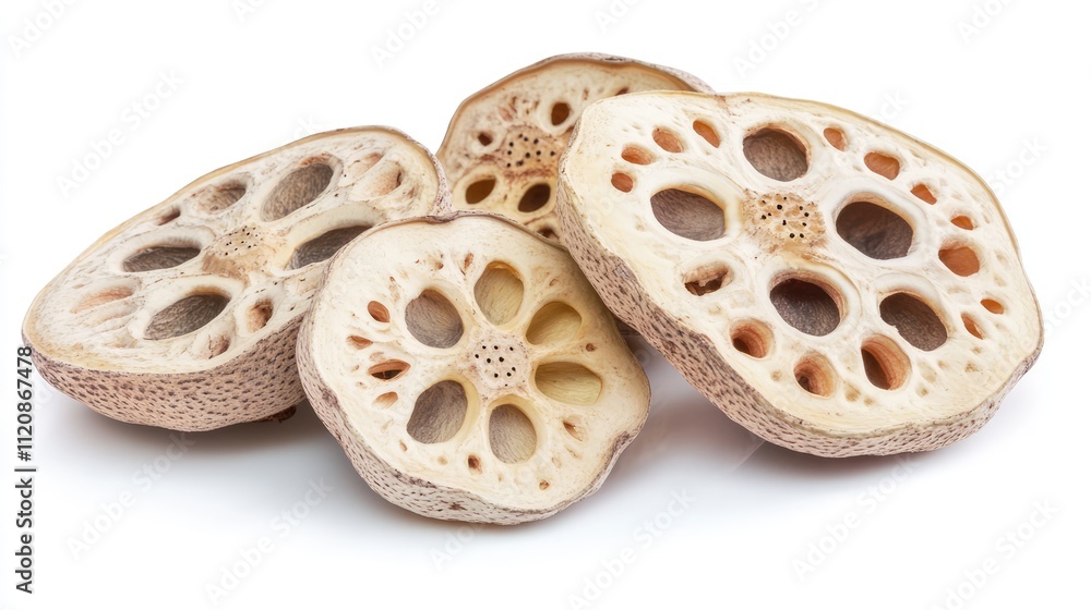 Poster sliced lotus root showcasing texture and pattern on a white background for culinary and health-relat