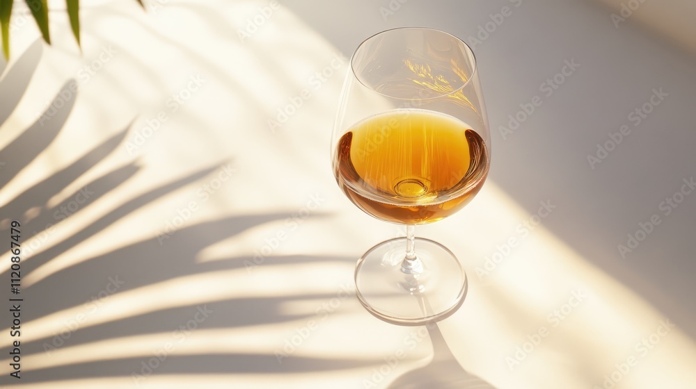 Poster elegant glass of white wine on a light background with soft shadow patterns creating a serene and so