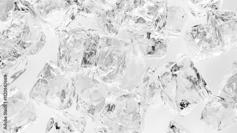Poster transparent ice cubes scattered on a white background creating a refreshing and cool visual texture 