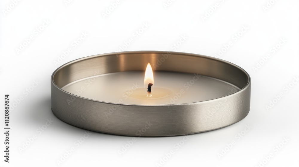 Poster round floating candle in aluminum sleeve on a white background with a soft flame creating a warm and
