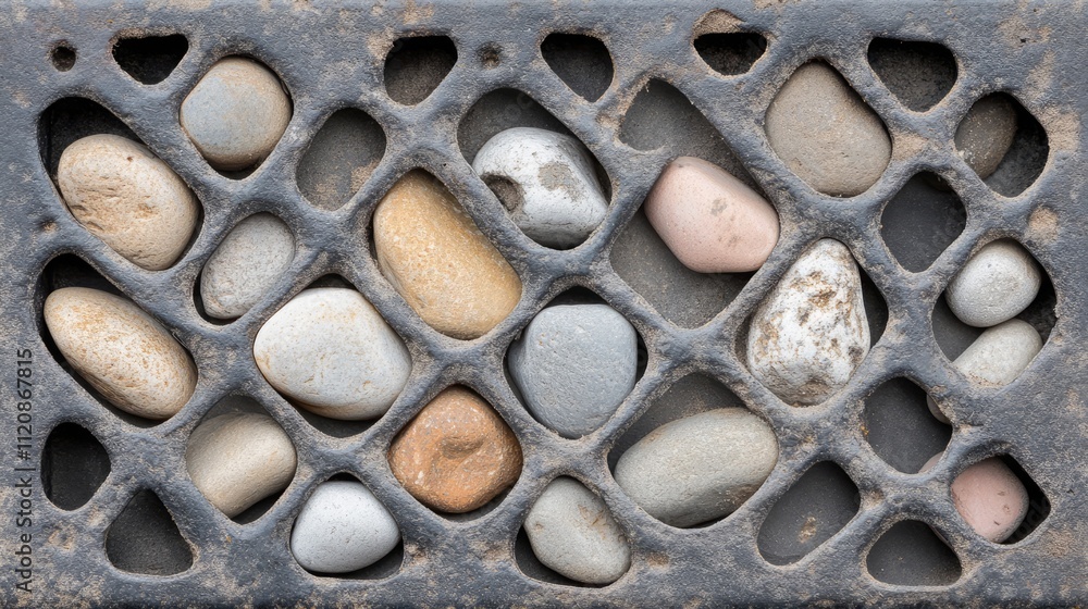 Aufkleber metal grate texture featuring a variety of smooth pebbles in an intricate pattern with a shine refle