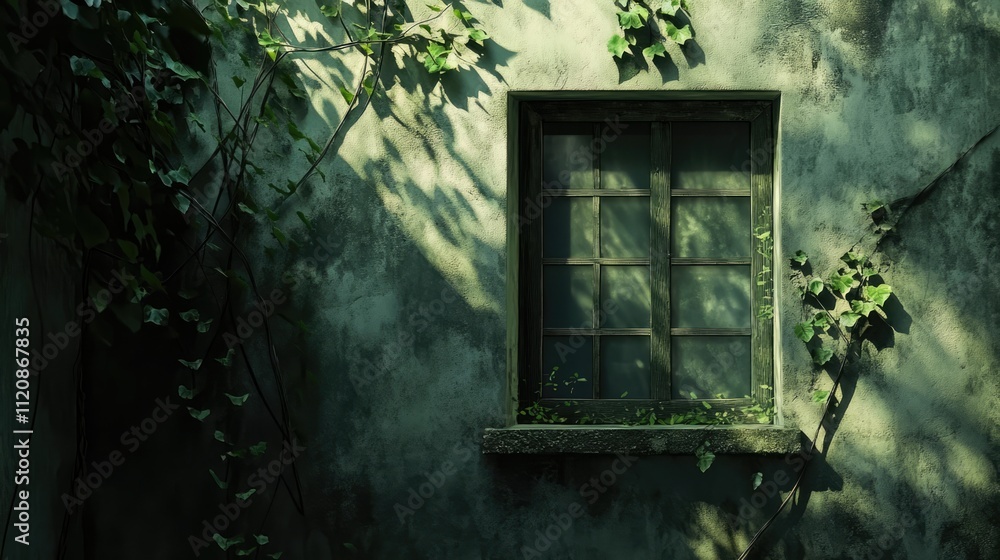 Poster abandoned building window framed by green leaves and soft shadows creating a serene atmosphere in a 