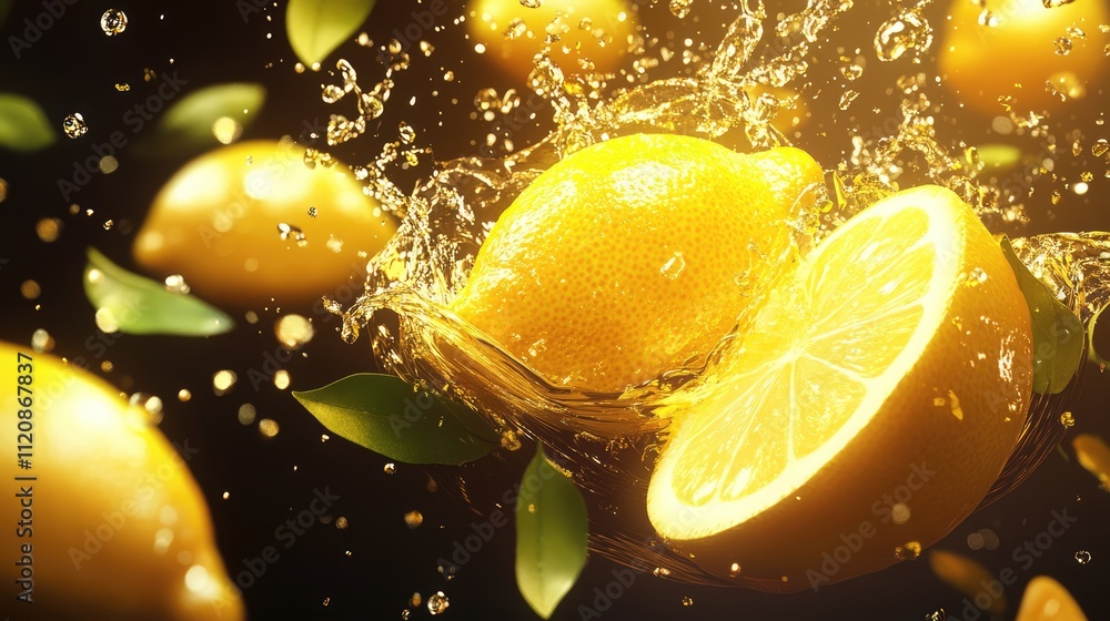 Poster lemon plunging into water with splashes set against a dark backdrop showcasing vibrant colors and mo