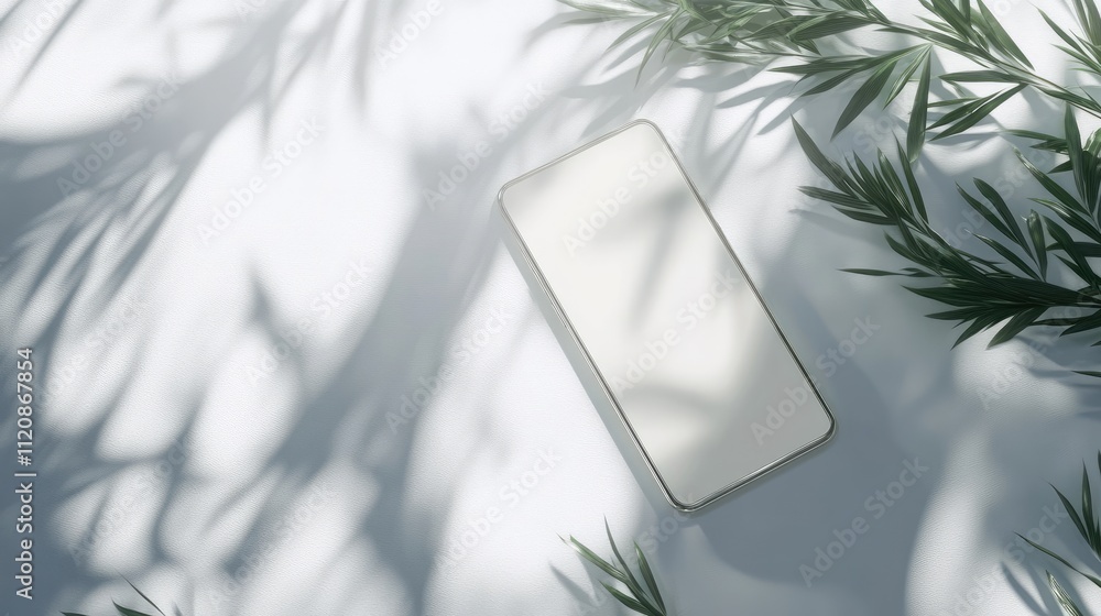 Poster smartphone on white table with shadow patterns and foliage for modern landing page design concept.