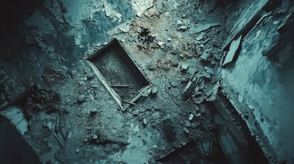 Abandoned crumbling building interior with rubble and decay in a post apocalyptic atmosphere illustrating desolation and neglect