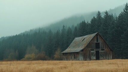 Rustic Barn Surrounded by Misty Forest and Majestic Mountains in Tranquil Rural Landscape