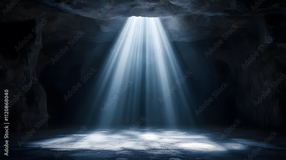 Poster a serene cave scene featuring beams of light piercing through a dark opening, creating a mystical at