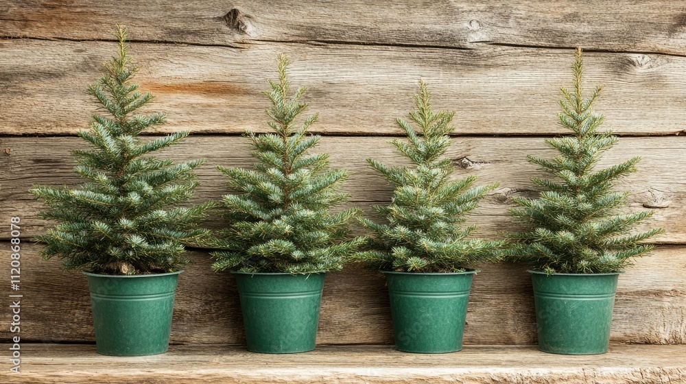 Poster decorative small conifer trees in green pots arranged on a rustic wooden table background