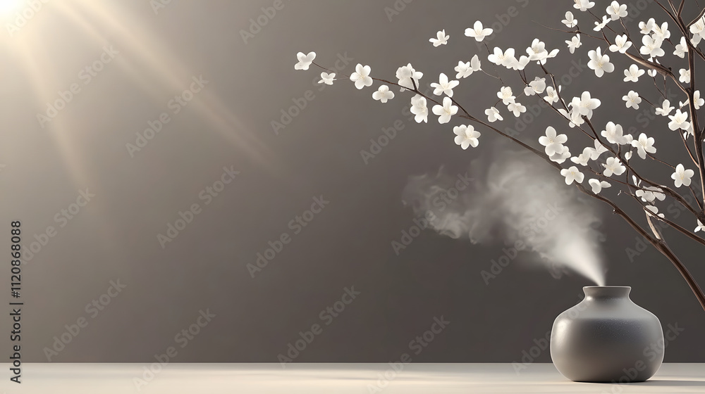 Aufkleber a serene arrangement featuring a vaporizing diffuser beside a blossoming branch, illuminated by gent