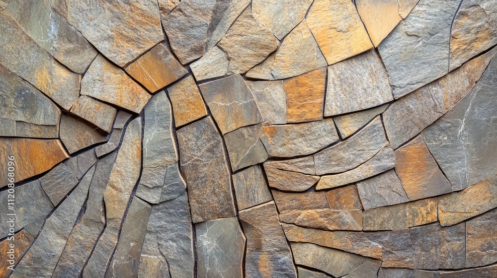Poster chaotic texture of modern flagstone mosaic tiles in brown sandstone creating an abstract background 