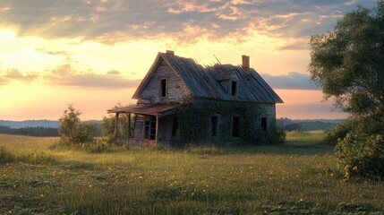 Obraz premium Sunset Overgrown Abandoned Farmhouse Surrounded by Fields and Trees in Rural Landscape