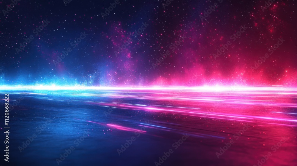 Poster futuristic dynamic abstract art with horizontal lines in blue pink motion blur and glowing light eff