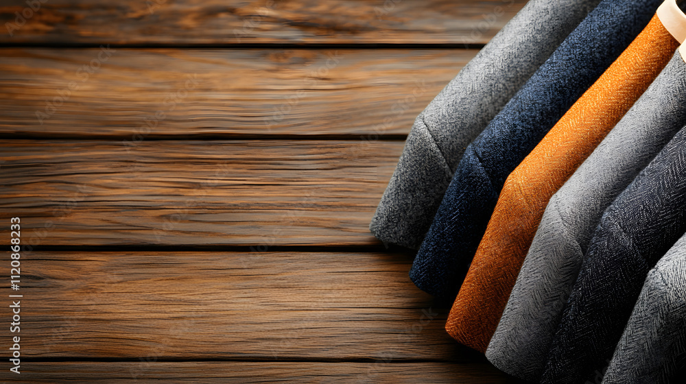 Poster a collection of neatly folded fabric swatches in various colors, resting on a rustic wooden surface