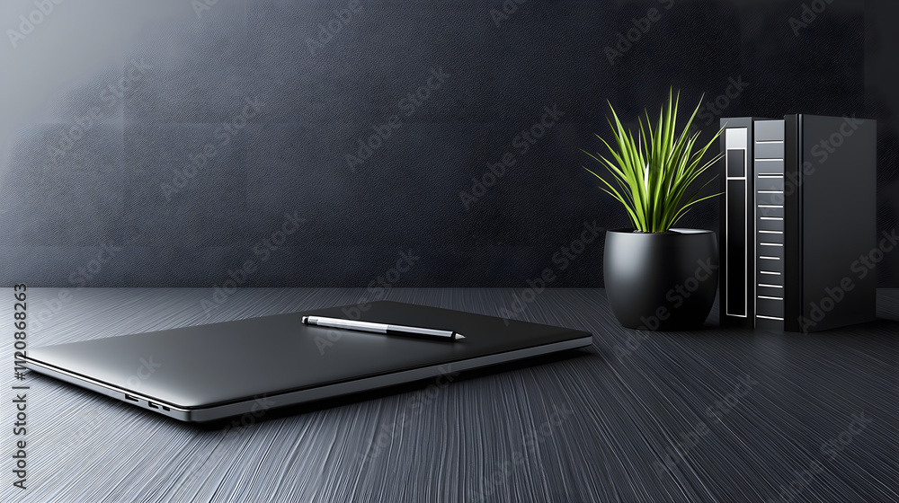 Poster a sleek laptop and a black planter with greenery sit on a dark textured surface, creating a modern w