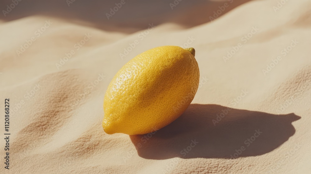 Poster Fresh lemon on textured sandy surface casting a soft shadow highlighting its vibrant color and natural texture in a minimalistic setting