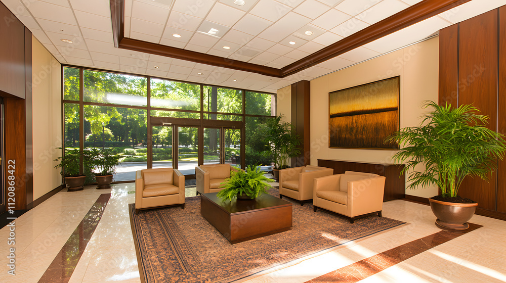 Poster a modern lobby featuring comfortable seating, greenery, and large windows that invite natural light,