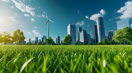 A vibrant cityscape featuring modern skyscrapers, lush green grass, and a wind turbine under a clear blue sky, symbolizing sustainable urban living