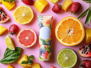 A vibrant arrangement of tropical fruits and a colorful tube, showcasing a fresh, fruity skincare product against a pink backdrop.