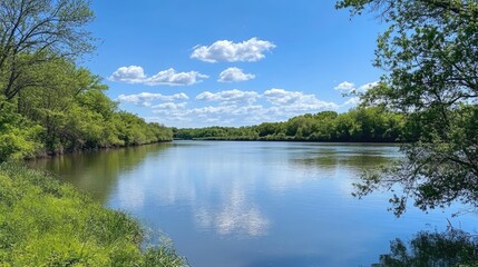 Serene river landscape with lush green banks under a bright blue sky and soft white clouds reflecting on calm water surface