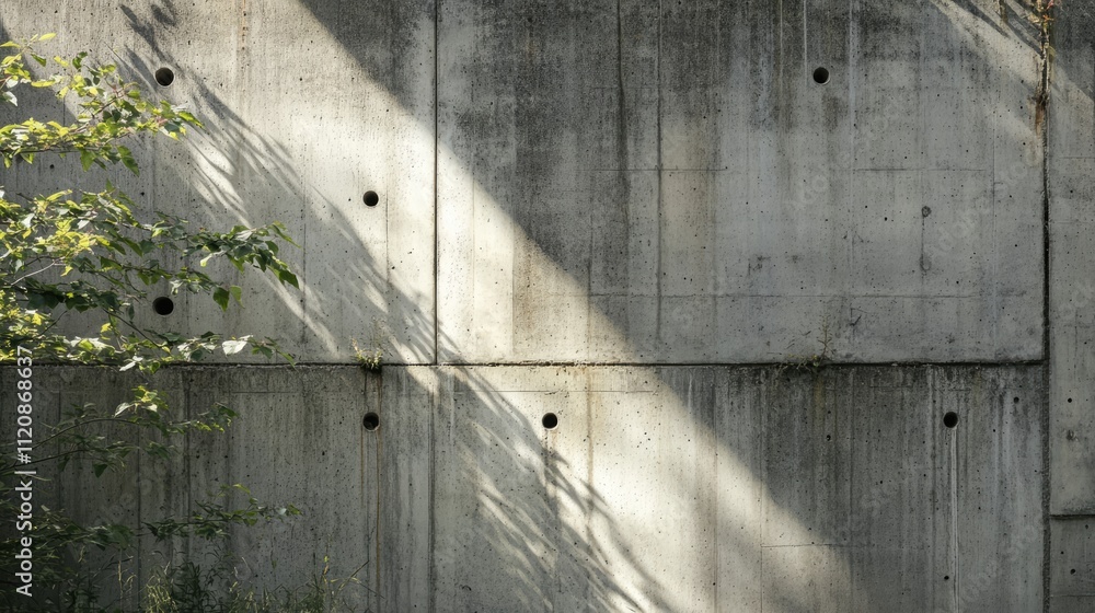 Poster monolithic concrete wall texture with natural shadow patterns and greenery accents in urban architec