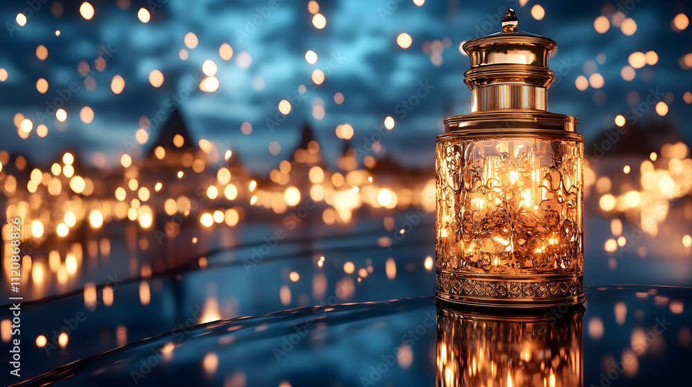 Poster a glowing lantern sits elegantly, reflecting warm lights against a serene blue backdrop, creating a 