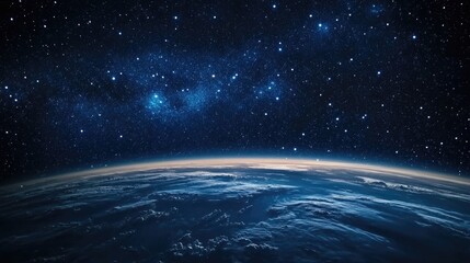 Majestic night sky filled with stars and constellations above a serene view of Earth from space.