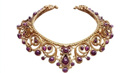 Obraz premium Elegant vintage gold necklace with intricate designs and purple gemstones isolated on a white background.