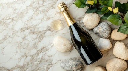 Champagne bottle with glasses on marble stones elegant celebration greeting card design festive announcement backdrop