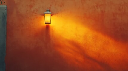 Warm orange wall illuminated by exterior light creating soft shadows and a cozy ambiance.