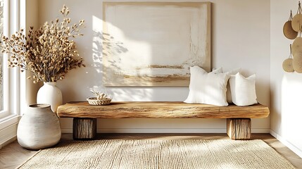 A rustic entryway with a weathered wooden bench, abstract wall art in soft neutral tones, a jute rug, and minimalist decor featuring woven textures, illuminated by warm natural light,