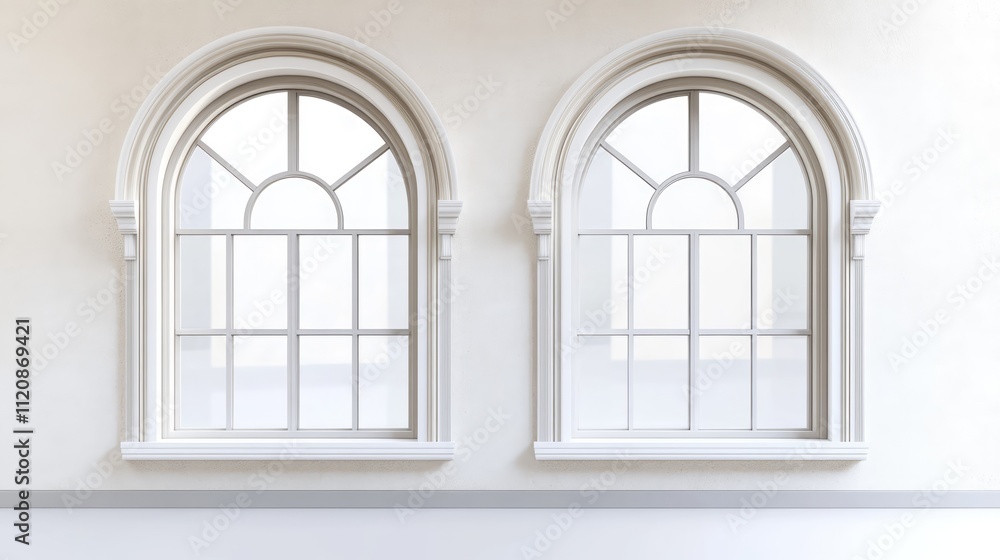 Poster vintage double arched windows mockup showcasing empty white frames within a wall highlighting antiqu
