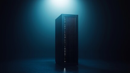 Dedicated Server Rack Standing Alone in a Dark Room for Tech Concept