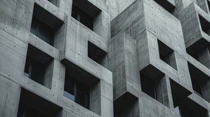 Contemporary concrete facade of a multifamily residential building in an urban European setting showcasing unique architectural design elements.
