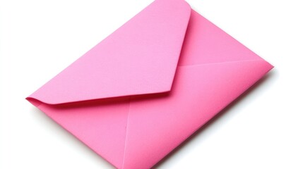 Open pink envelope with letter visible, isolated on white background and viewed from above, stationery, communication, vibrant color, flat lay composition.