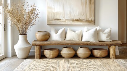 A rustic-modern entryway with a wooden bench displaying soft, textured pillows, woven baskets placed underneath, a large jute rug grounding the space,