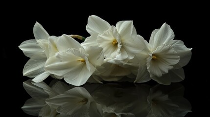 Delicate white narcissus flowers elegantly arranged on a reflective black surface showcasing natural beauty and serenity.