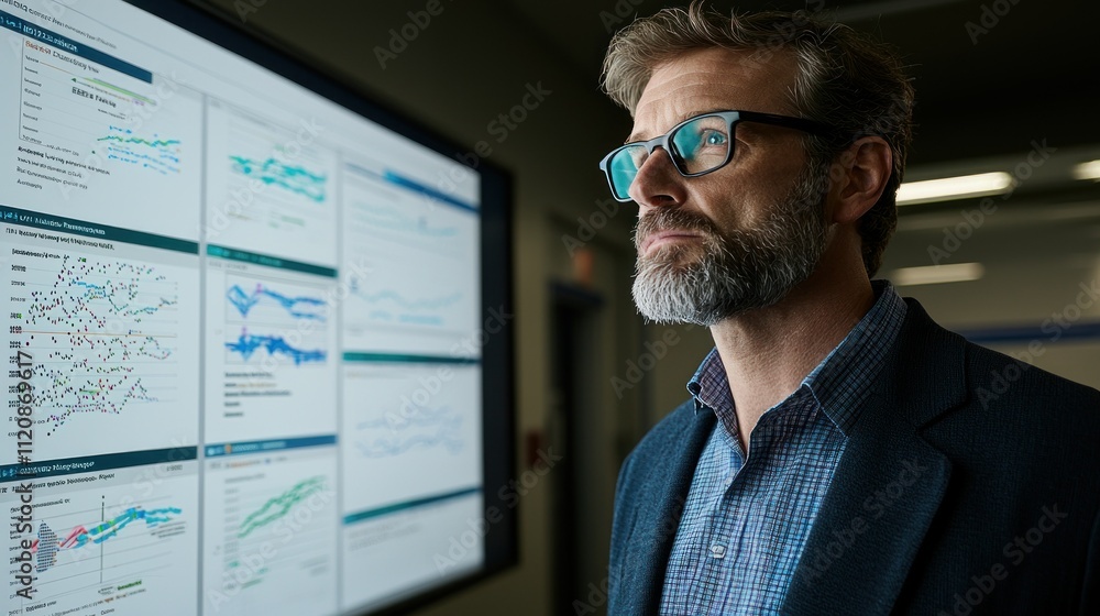 Poster a professional man analyzing data on a large screen in a modern office setting.