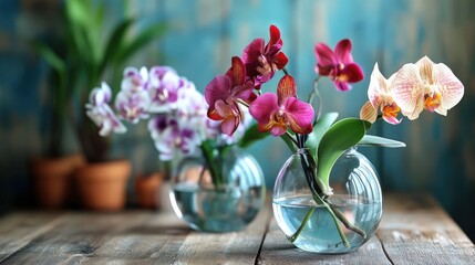Orchid flowers in glass vases on a rustic wooden table with potted plants in the background, creating a vibrant interior decor scene