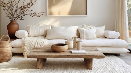 A rustic-modern lounge area featuring plush seating with textured blankets, a weathered wood coffee table, woven baskets, and soft warm lighting, creating a cozy and inviting farmhouse-inspired space,