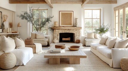 A serene farmhouse living room with weathered wood beams, a centerpiece stone fireplace, neutral-colored furniture, vintage accents, and sunlight streaming through large windows,
